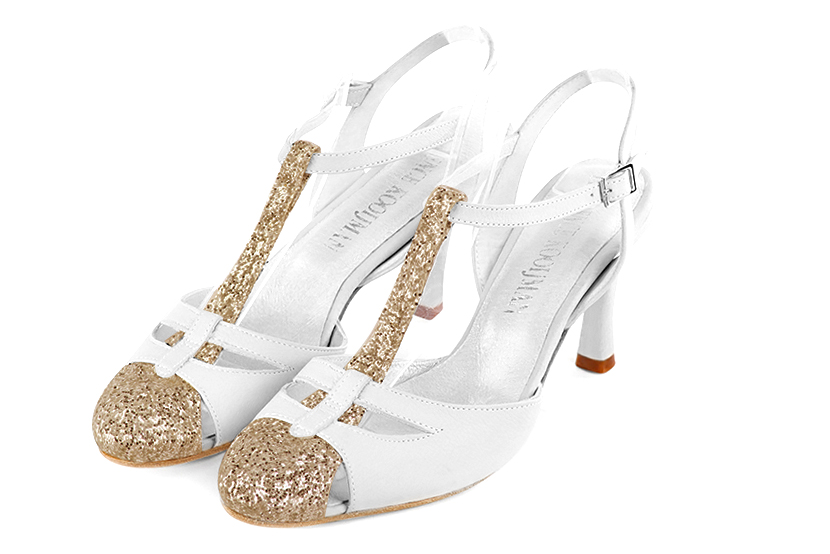 Gold and pure white open back T-strap shoes. Round toe. High slim heel. Elegant dress heels for parties and weddings - Florence KOOIJMAN